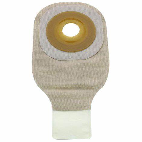 Ostomy bag with adhesive barrier for medical stoma care, shown against a white background.