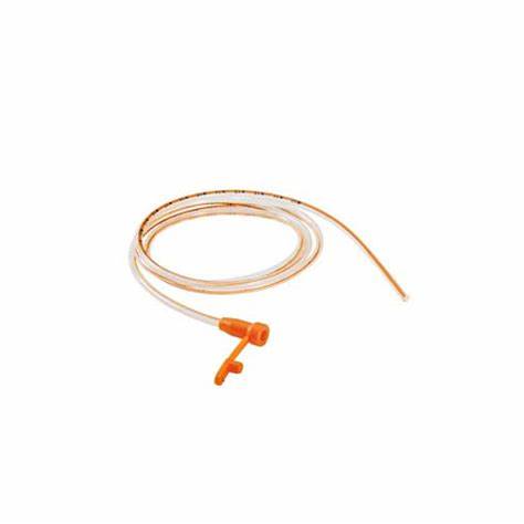 Medical feeding tube with orange connector coiled on a white background, essential medical supply