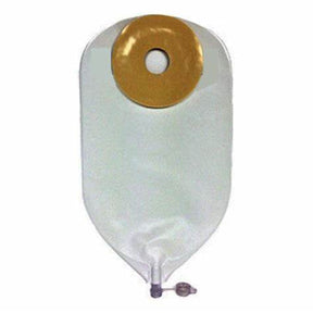 Medical ostomy bag with adhesive ring and drainage valve, used for stoma care