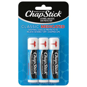 ChapStick Classic Medicated three-pack for dry, chapped lips on retail blister packaging