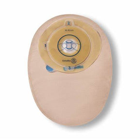 Beige ostomy bag with circular flange and filter, essential medical supply for stoma care
