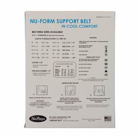 Nu-Form support belt packaging with size chart, care instructions, and fitting diagrams.