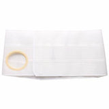 White medical ostomy belt with elastic waistband and circular opening for pouch support