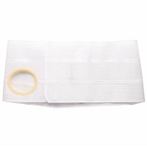 White medical ostomy belt with elastic waistband and circular opening for pouch support