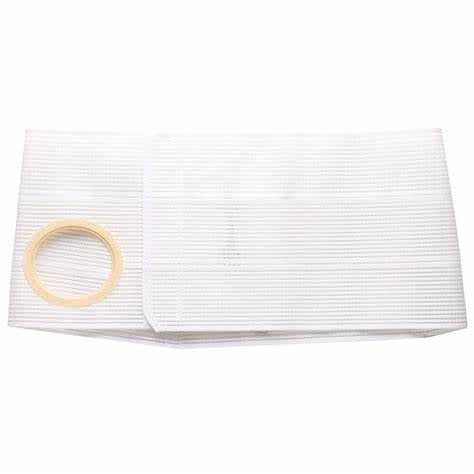 White medical ostomy belt with elastic waistband and circular opening for pouch support