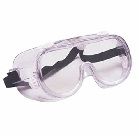 Clear protective safety goggles with adjustable black strap on white background