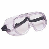 Clear protective safety goggles with adjustable black strap on white background