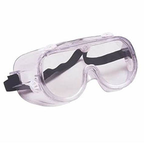 Clear protective safety goggles with adjustable black strap on white background