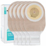 Five one-piece ostomy bags with adhesive barrier and closure strips, medical supplies pack