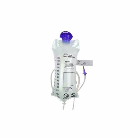 Sterile medical drainage bag with clear volume markings and attached tubing on white background