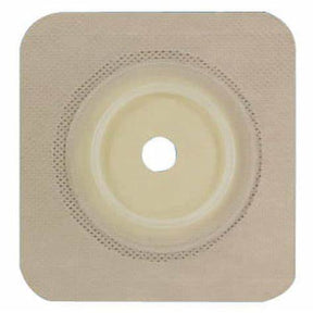Square beige ostomy barrier with central cut-out, used for stoma care and medical supply needs