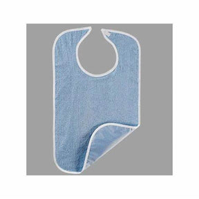 Blue adult bib with waterproof backing for medical and home care use, displayed on gray background.
