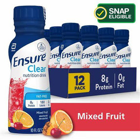 Ensure Clear nutrition drink mixed fruit 12-pack, 8g protein, 0g fat, SNAP eligible.