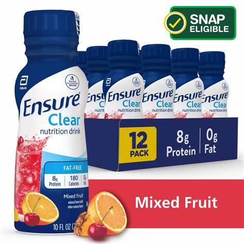 Ensure Clear nutrition drink mixed fruit 12-pack, 8g protein, 0g fat, SNAP eligible.