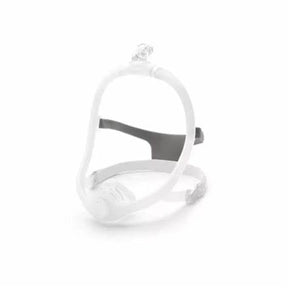 Full face CPAP mask with headgear for sleep apnea, white and gray medical device