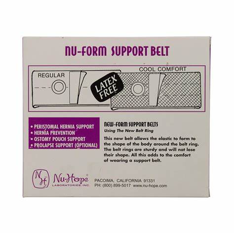 Nu-Form support belt packaging highlighting latex-free hernia and ostomy support uses