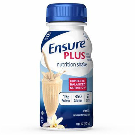 Ensure Plus vanilla nutrition shake bottle with splash, 13g protein, 350 calories, 27 vitamins