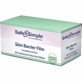 Box of Safe n Simple skin barrier film wipes, 2x2 size, 50 individual protective wipes