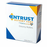 Entrust ostomy care wafer box for medical supplies, 5 units per box, white and blue packaging.