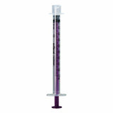 Oral medicine syringe with clear barrel, purple plunger, and measurement markings