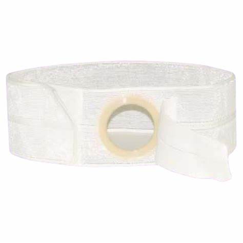 Adjustable white ostomy belt with central round opening for medical stoma support