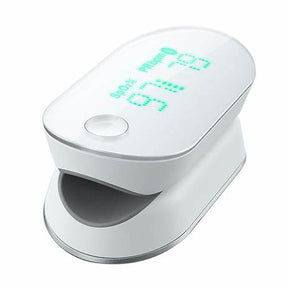 Digital fingertip pulse oximeter displaying SpO2 and PR readings, portable medical device