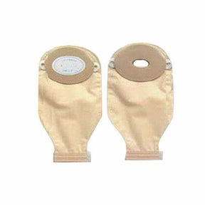 Two beige ostomy bags with adhesive flanges for medical use, displayed on white background.