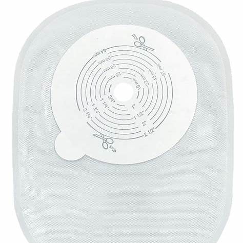 Ostomy bag with cut-to-fit barrier and measurement guide for home medical supply use
