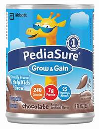 PediaSure Grow & Gain chocolate nutrition shake can for kids, with giraffe mascot and nutritional info.