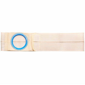 Beige medical support belt with blue plastic ring for stoma care or ostomy support.