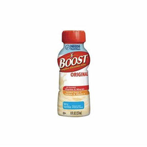 BOOST Original Very Vanilla nutrition drink bottle with red cap and supplement benefits on label