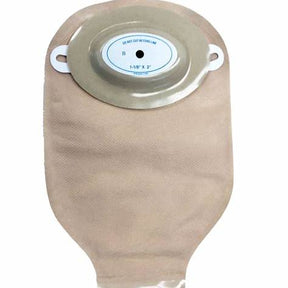 Beige ostomy pouch with adhesive barrier for medical stoma care, home medical supply