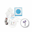 Tube feeding kit with extension set, syringes, dressings, and medical supplies on white background
