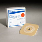 Ostomy barrier with adhesive baseplate and packaging for stoma care medical supply.