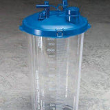 Medical suction canister with clear body, blue lid, and measurement markings for fluid collection