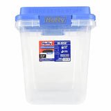 Clear plastic storage bin with blue locking lid and label on front, ideal for home organization.