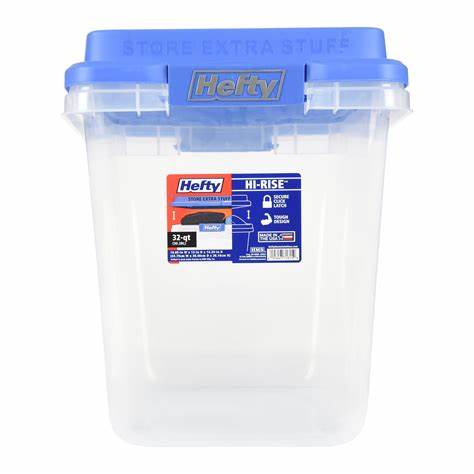 Clear plastic storage bin with blue locking lid and label on front, ideal for home organization.