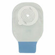 Ostomy pouch with adhesive barrier and blue closure for medical supply.