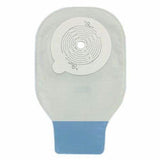 Ostomy pouch with adhesive barrier and blue closure for medical supply.