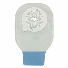 Ostomy pouch with adhesive barrier and blue closure for medical supply.