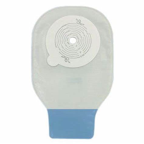 Ostomy pouch with adhesive barrier and blue closure for medical supply.