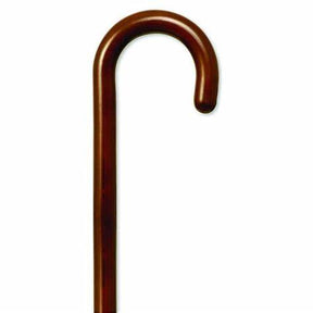 Classic wooden walking cane with curved handle on white background, mobility aid.