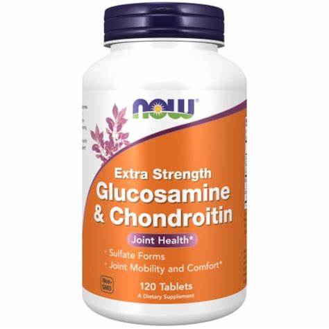 Bottle of extra strength glucosamine and chondroitin tablets for joint health support