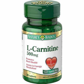 Nature's Bounty L-Carnitine 500mg bottle, essential amino acid dietary supplement, 30 tablets