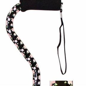 Ergonomic walking cane with a black floral pattern and a foam handle for mobility support
