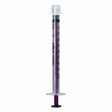 Oral medicine syringe with clear barrel, purple plunger, and measurement markings