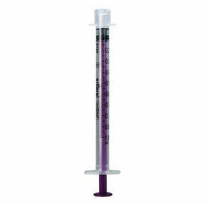 Oral medicine syringe with clear barrel, purple plunger, and measurement markings