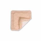 Hydrocolloid wound dressing with adhesive border and corner peeled back on white background