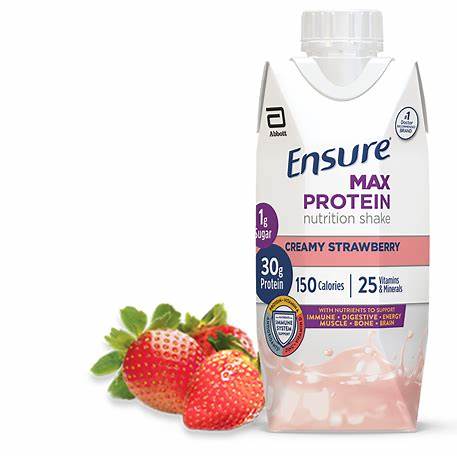 Ensure Max Protein creamy strawberry nutrition shake bottle with fresh strawberries