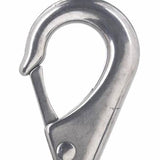 Close-up of a stainless steel snap hook clasp, durable metal medical supply accessory